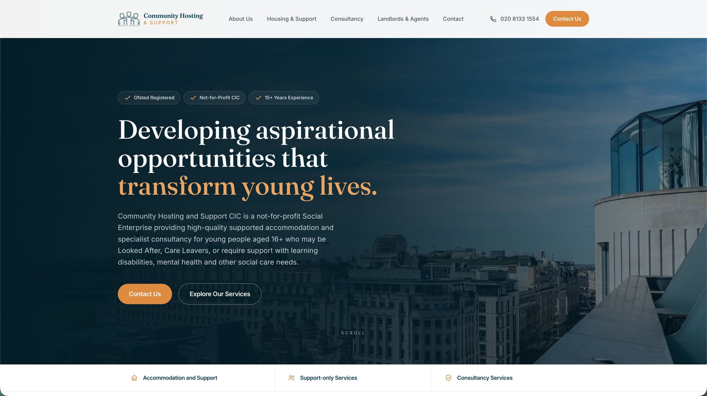 Community Hosting and Support homepage with the headline Developing aspirational opportunities that transform young lives