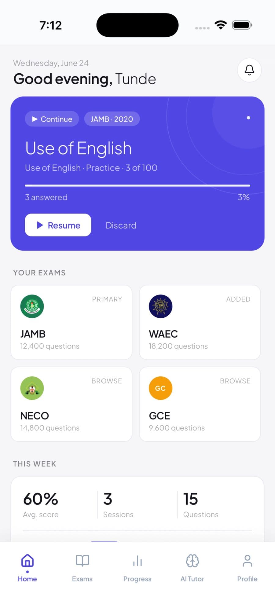 ExamCo home screen with a resumable Use of English session and the JAMB, WAEC, NECO and GCE question libraries