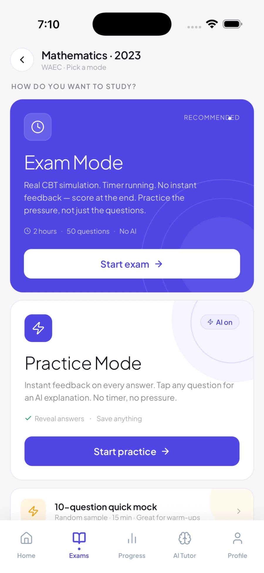 ExamCo study mode picker for WAEC Mathematics 2023, offering a timed Exam Mode and an AI-assisted Practice Mode