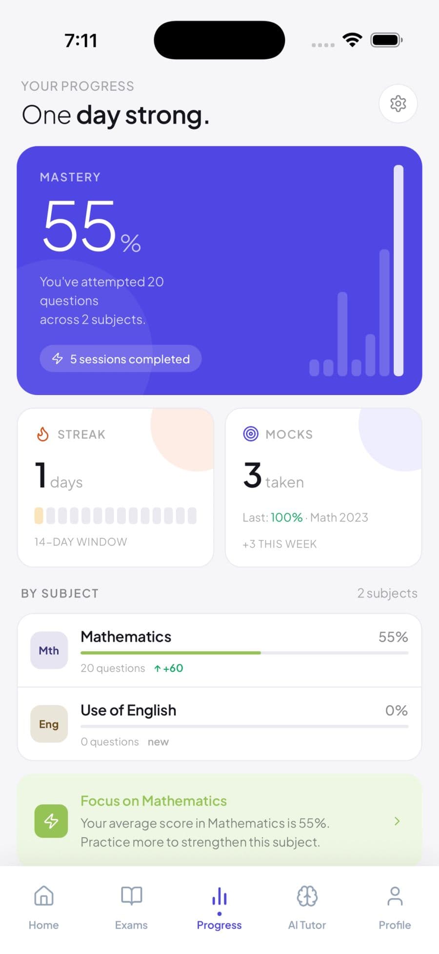 ExamCo progress screen showing subject mastery, a study streak and mock exam results
