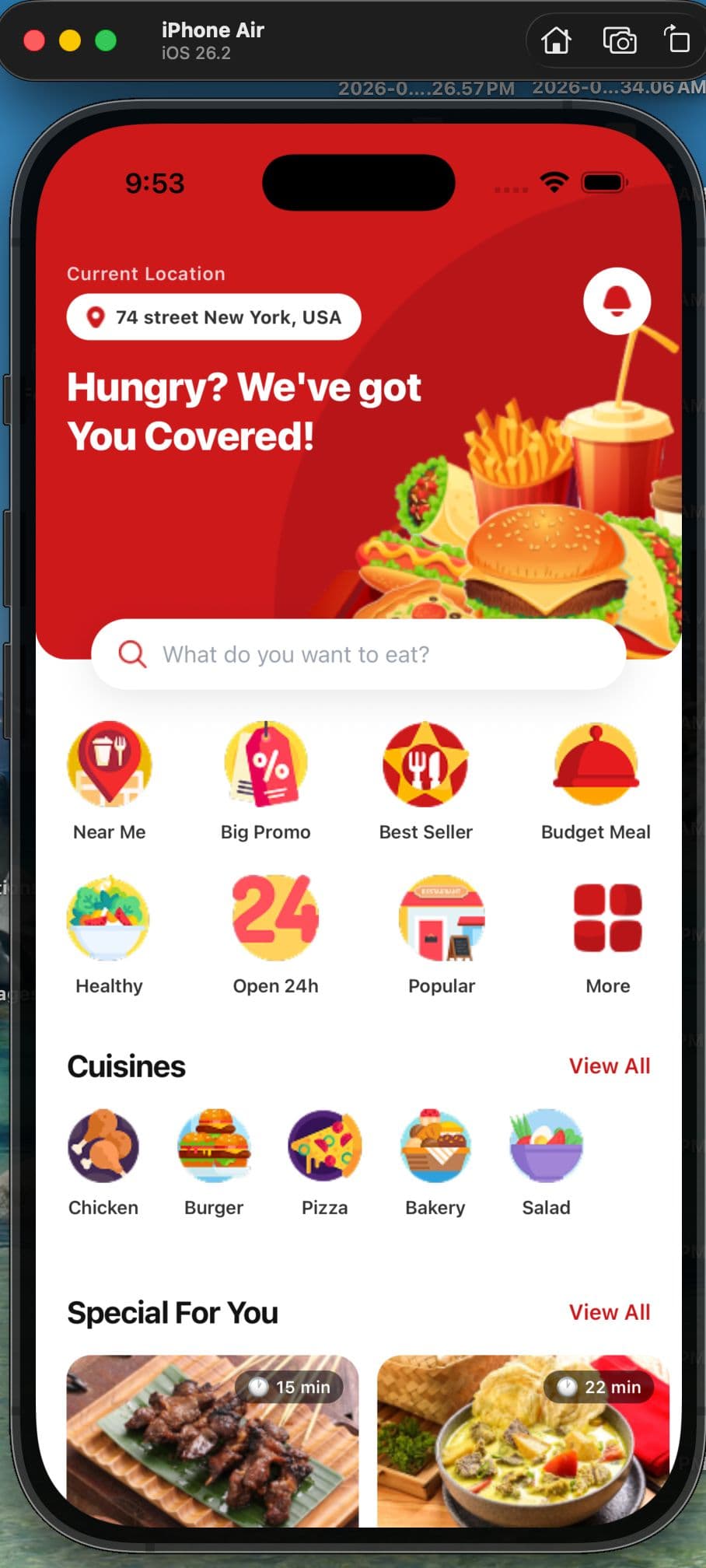 Food delivery app screen on a phone