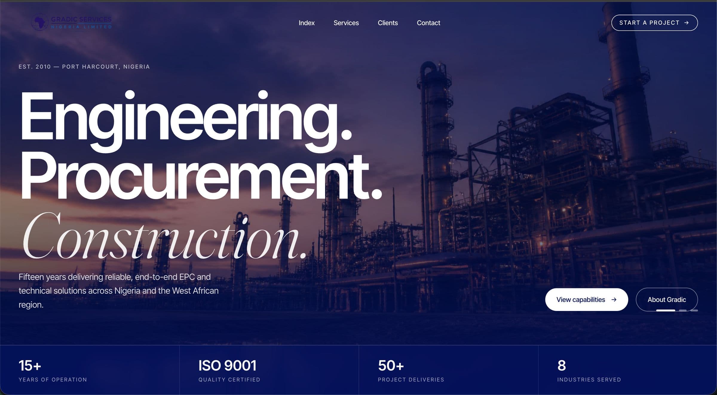 Gradic Services homepage hero reading Engineering. Procurement. Construction. over a refinery at dusk