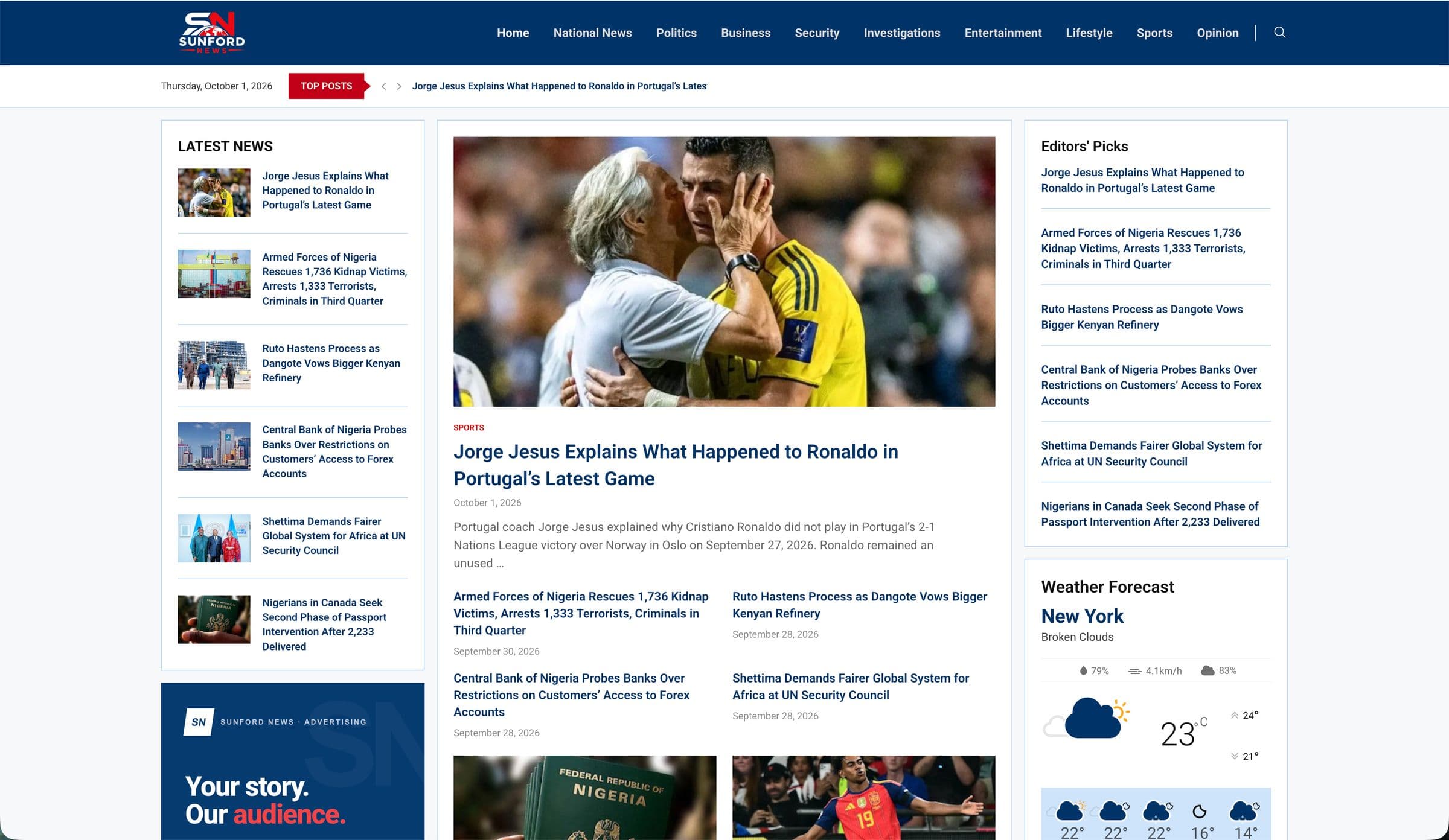 Sunford News homepage with a lead sports story, a latest news column and an editors' picks sidebar