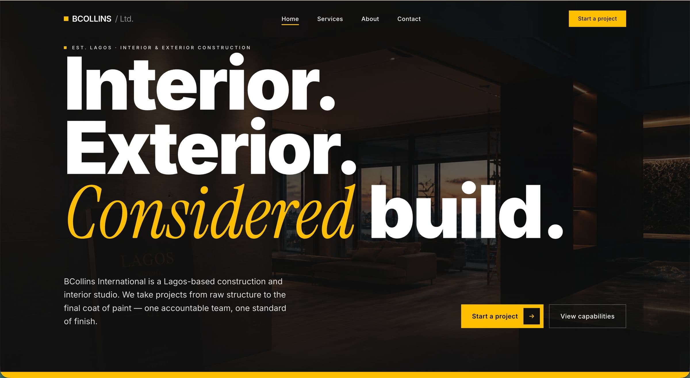 BCollins homepage with the headline Interior. Exterior. Considered build. over a dark interior photograph